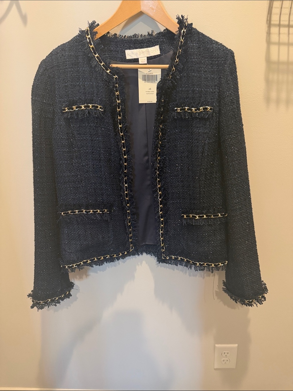 Boston Proper Navy Tweed Jacket with Gold Chain Trim